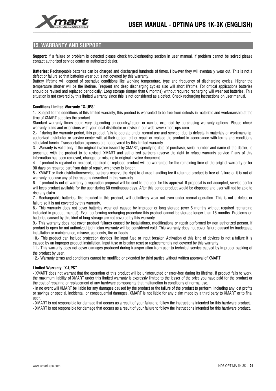 User manual - optima ups 1k-3k (english) | XMART Optima 3K-HB User Manual | Page 21 / 30