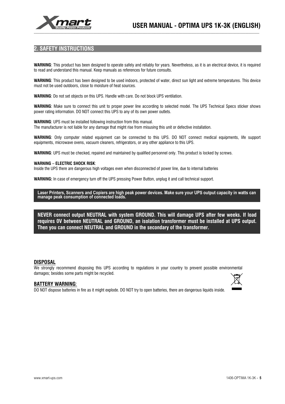 User manual - optima ups 1k-3k (english) | XMART Optima 3K-HB User Manual | Page 5 / 30