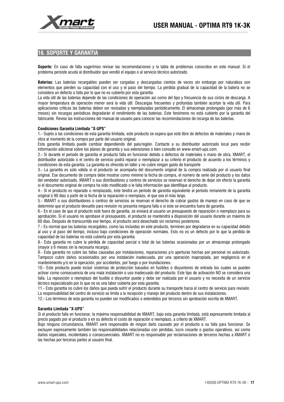User manual - optima rt9 1k-3k | XMART Optima RT9 3K User Manual | Page 17 / 20