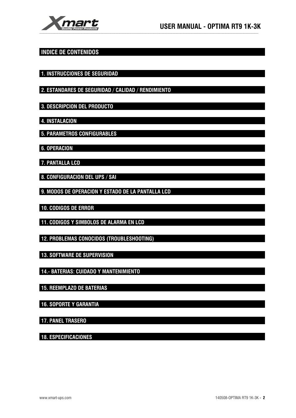 User manual - optima rt9 1k-3k | XMART Optima RT9 3K User Manual | Page 2 / 20