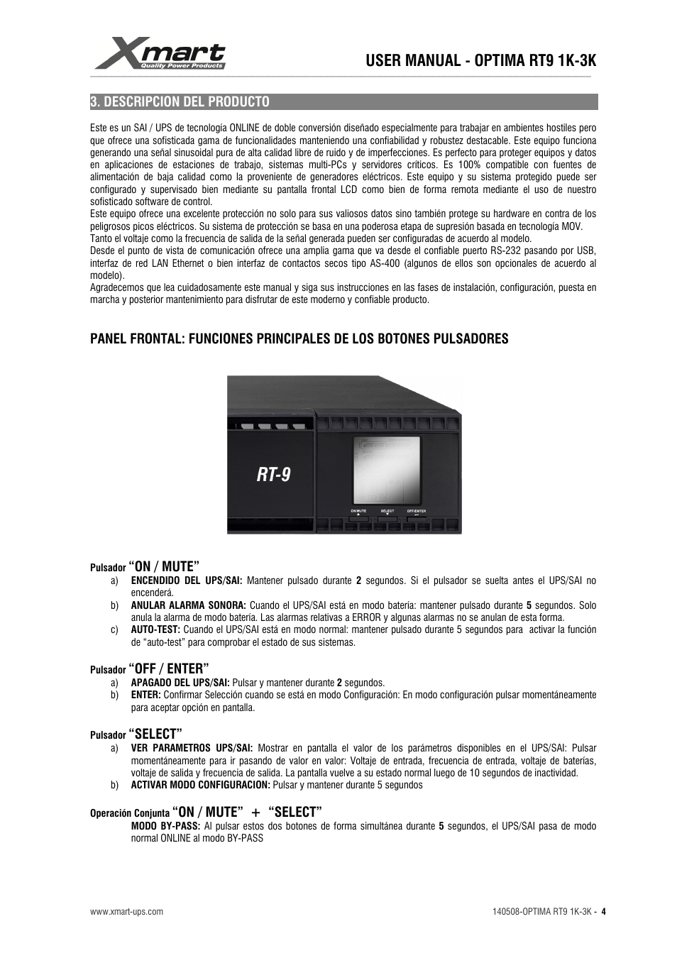 User manual - optima rt9 1k-3k, Descripcion del producto, On / mute | Off / enter, Select, On / mute” + “select | XMART Optima RT9 3K User Manual | Page 4 / 20