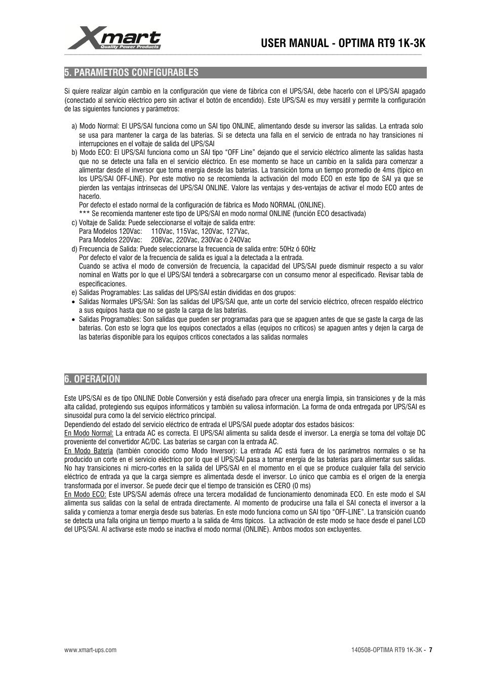 User manual - optima rt9 1k-3k | XMART Optima RT9 3K User Manual | Page 7 / 20