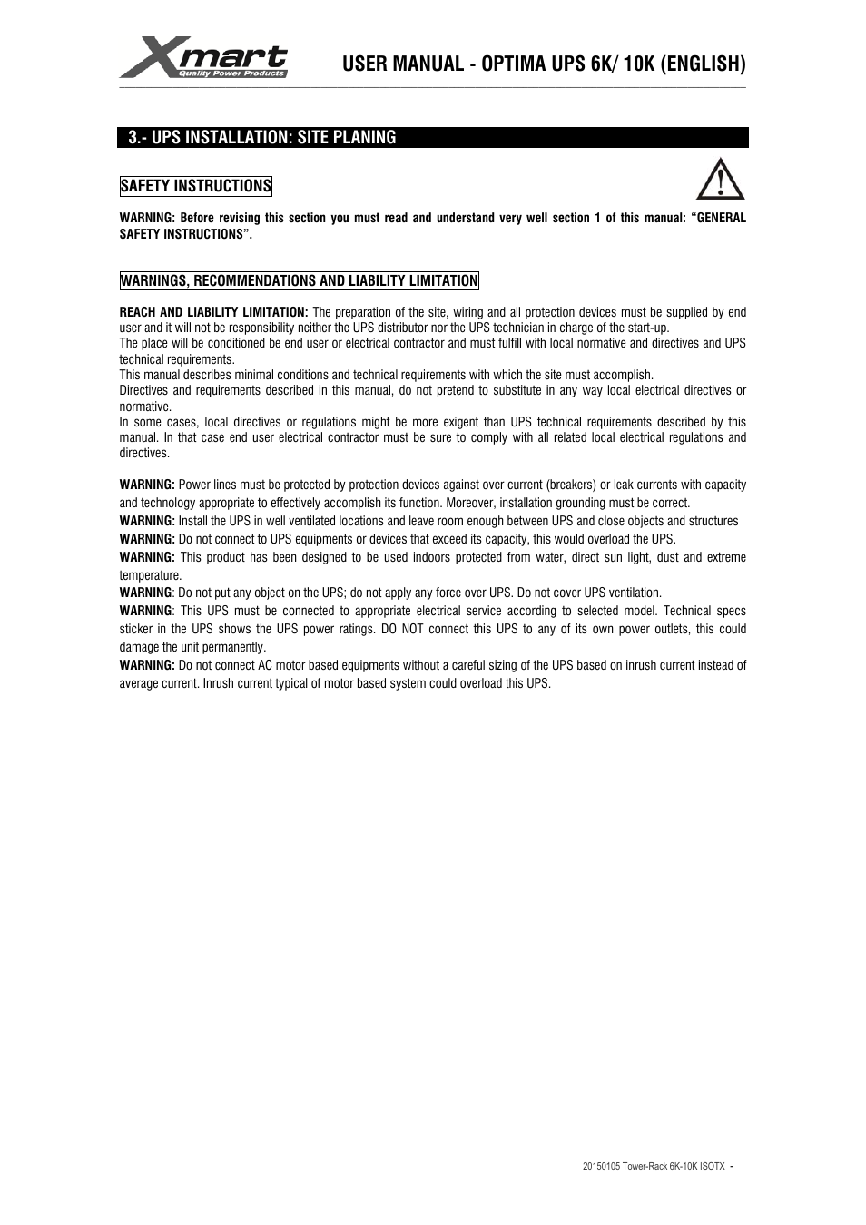 User manual - optima ups 6k/ 10k (english), Ups installation: site planing | XMART Optima 10K ISOTX User Manual | Page 10 / 41