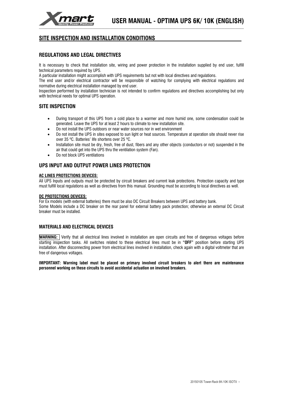 User manual - optima ups 6k/ 10k (english), Site inspection and installation conditions | XMART Optima 10K ISOTX User Manual | Page 11 / 41