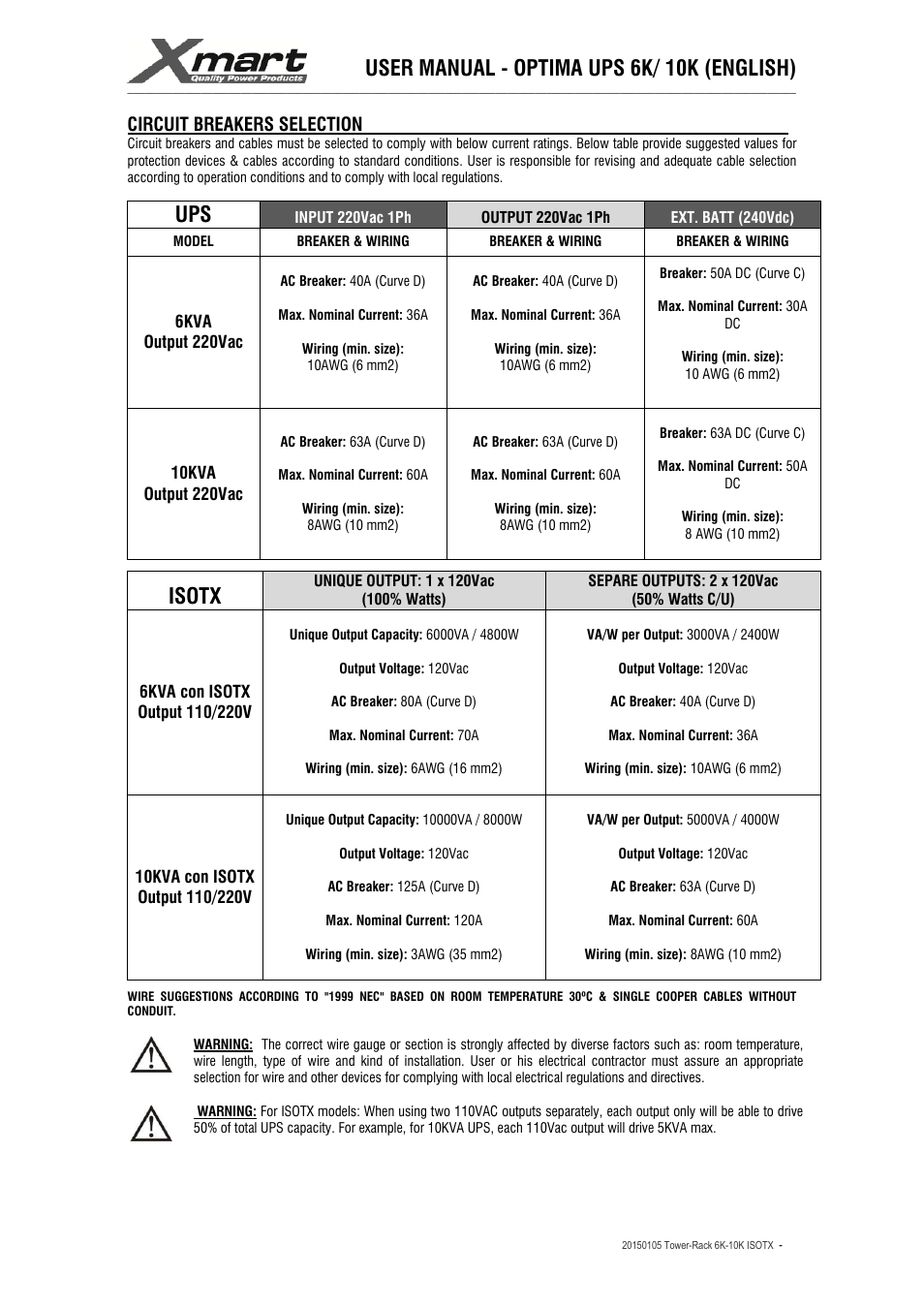User manual - optima ups 6k/ 10k (english), Isotx, Circuit breakers selection | XMART Optima 10K ISOTX User Manual | Page 14 / 41