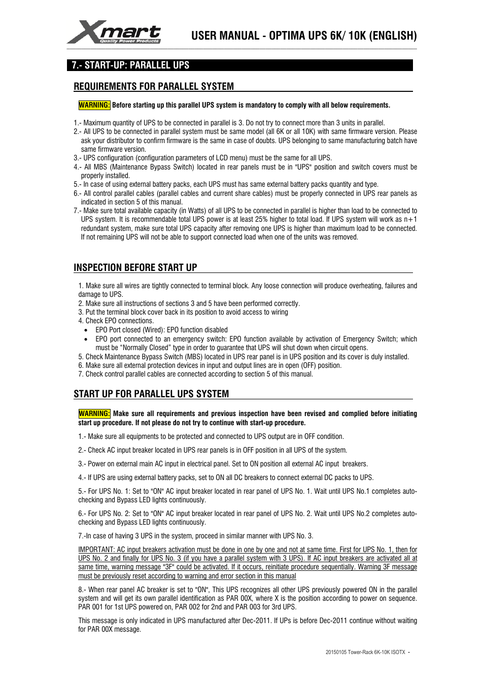 User manual - optima ups 6k/ 10k (english) | XMART Optima 10K ISOTX User Manual | Page 25 / 41