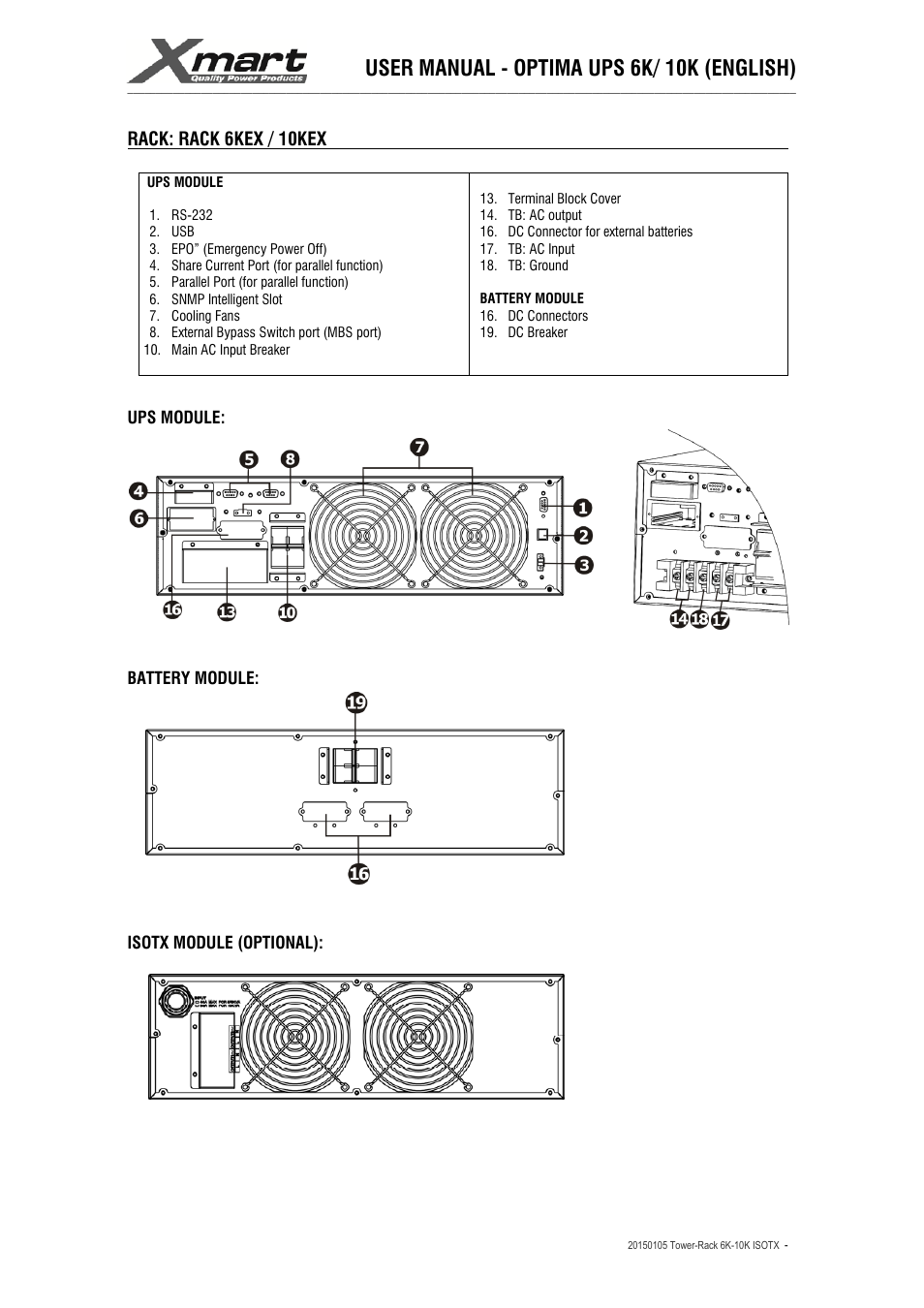 User manual - optima ups 6k/ 10k (english), Rack: rack 6kex / 10kex | XMART Optima 10K ISOTX User Manual | Page 9 / 41