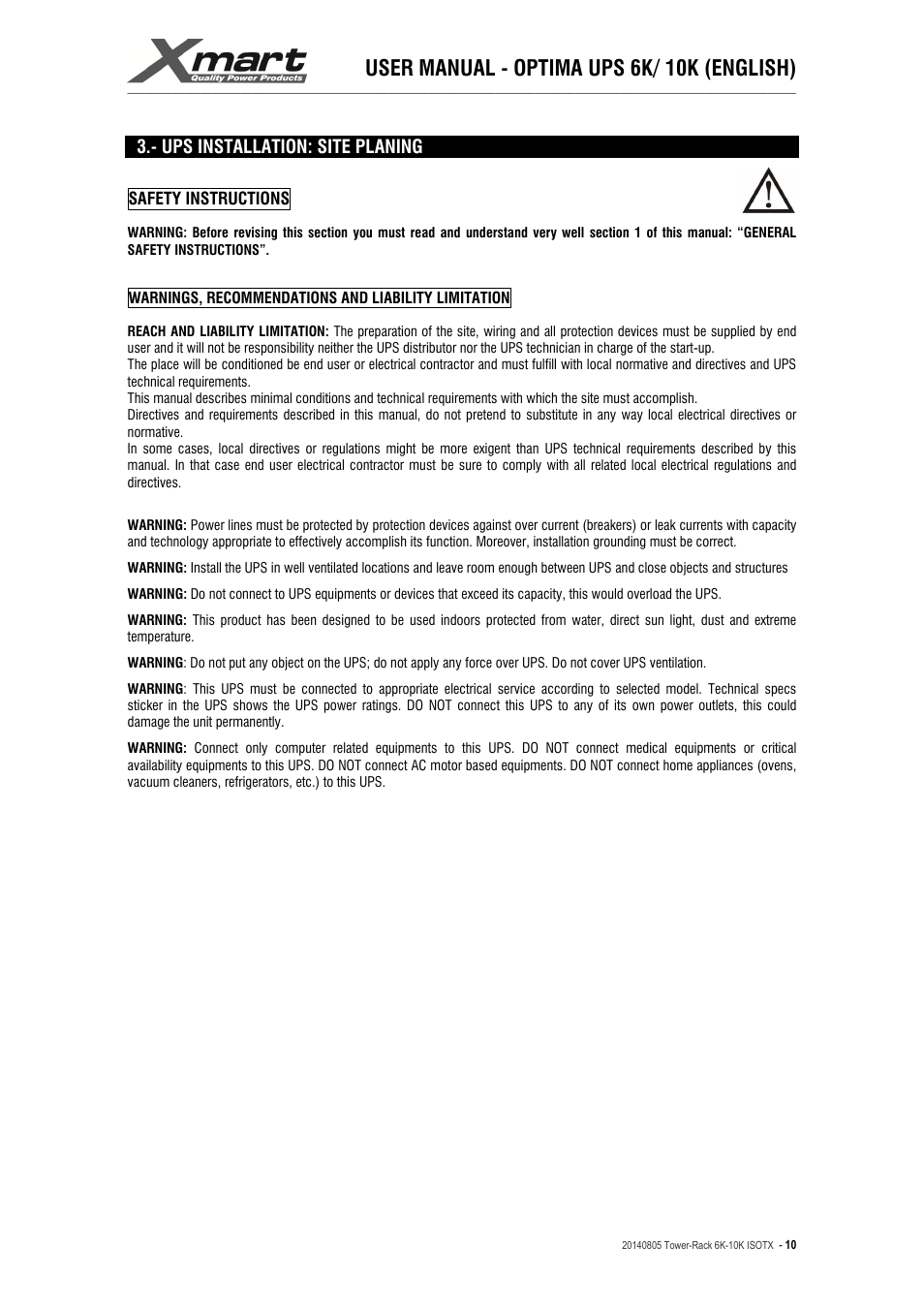 User manual - optima ups 6k/ 10k (english), Ups installation: site planing | XMART Optima-RACK 10K User Manual | Page 10 / 41