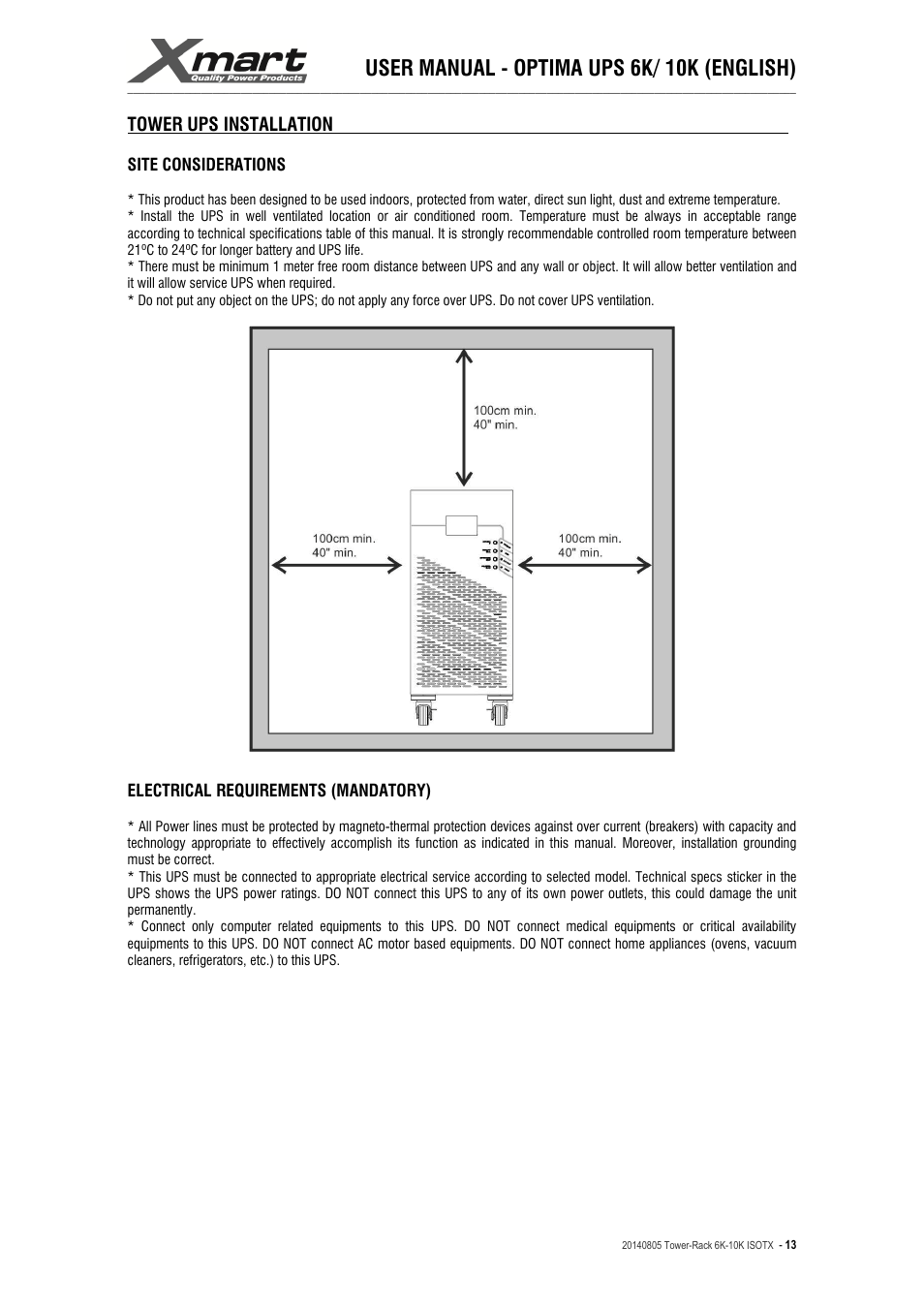 User manual - optima ups 6k/ 10k (english), Tower ups installation | XMART Optima-RACK 10K User Manual | Page 13 / 41