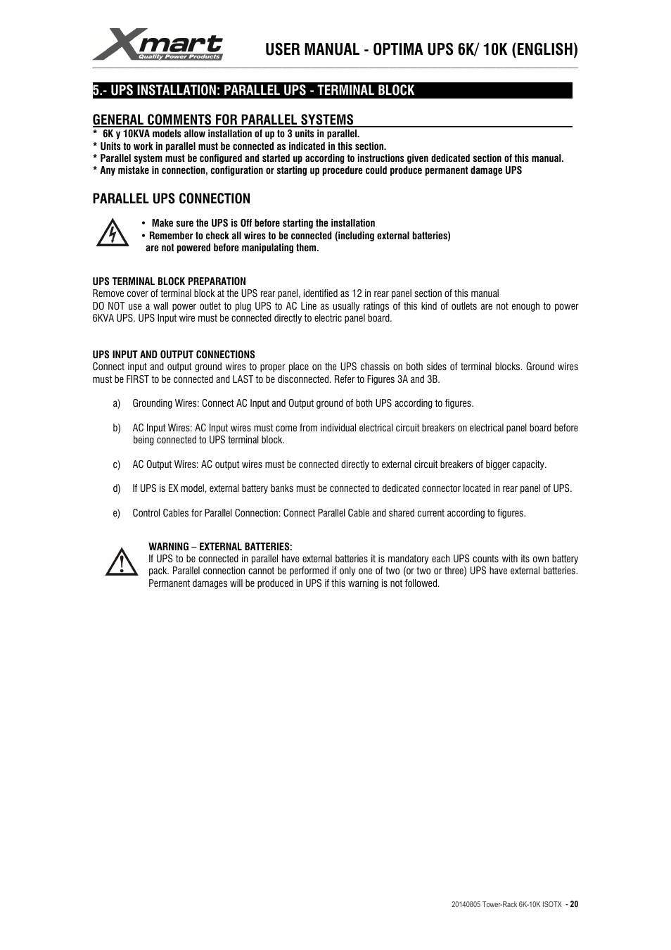 User manual - optima ups 6k/ 10k (english), Ups installation: parallel ups - terminal block, General comments for parallel systems | Parallel ups connection | XMART Optima-RACK 10K User Manual | Page 20 / 41