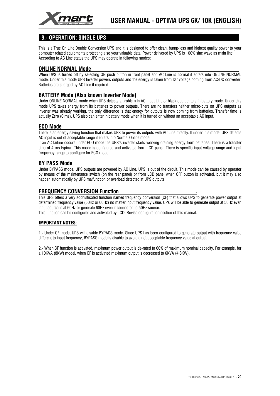 User manual - optima ups 6k/ 10k (english) | XMART Optima-RACK 10K User Manual | Page 29 / 41