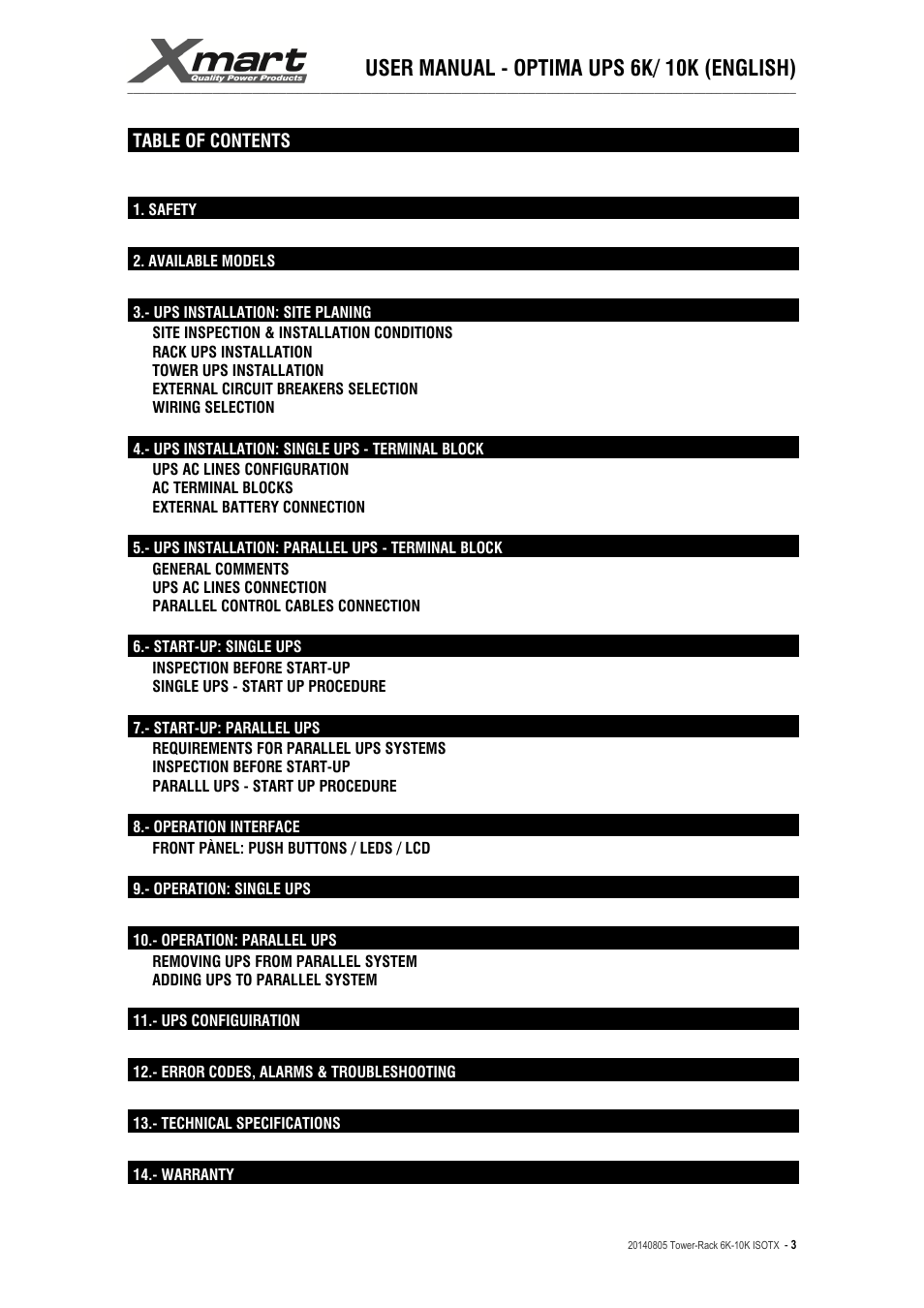 User manual - optima ups 6k/ 10k (english) | XMART Optima-RACK 10K User Manual | Page 3 / 41