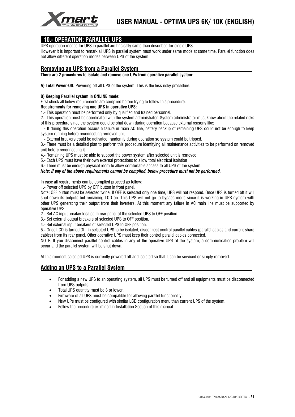 User manual - optima ups 6k/ 10k (english) | XMART Optima-RACK 10K User Manual | Page 31 / 41