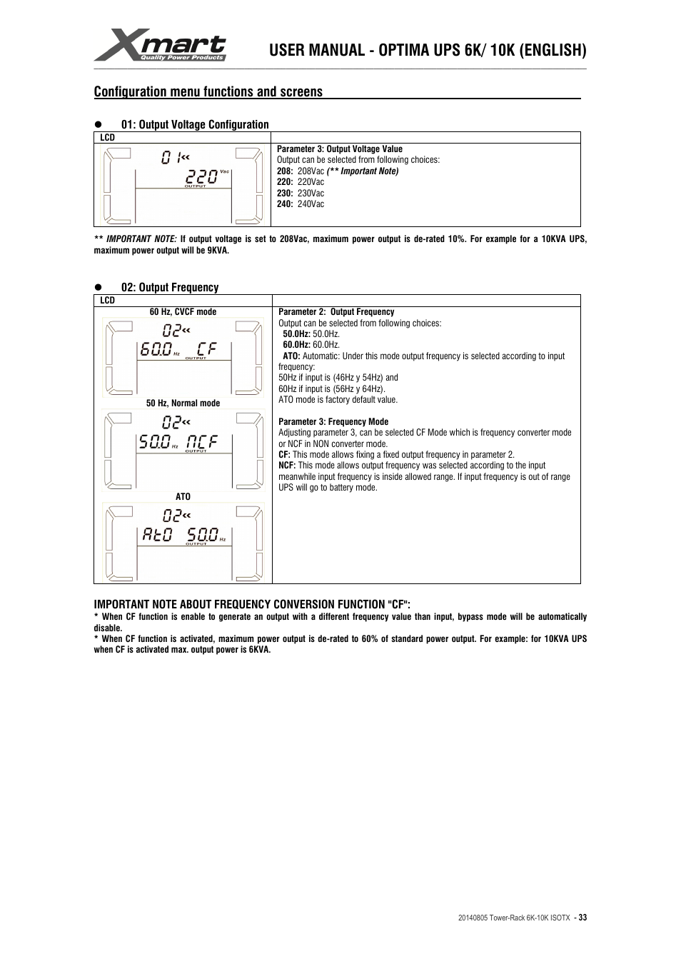 User manual - optima ups 6k/ 10k (english), Configuration menu functions and screens | XMART Optima-RACK 10K User Manual | Page 33 / 41