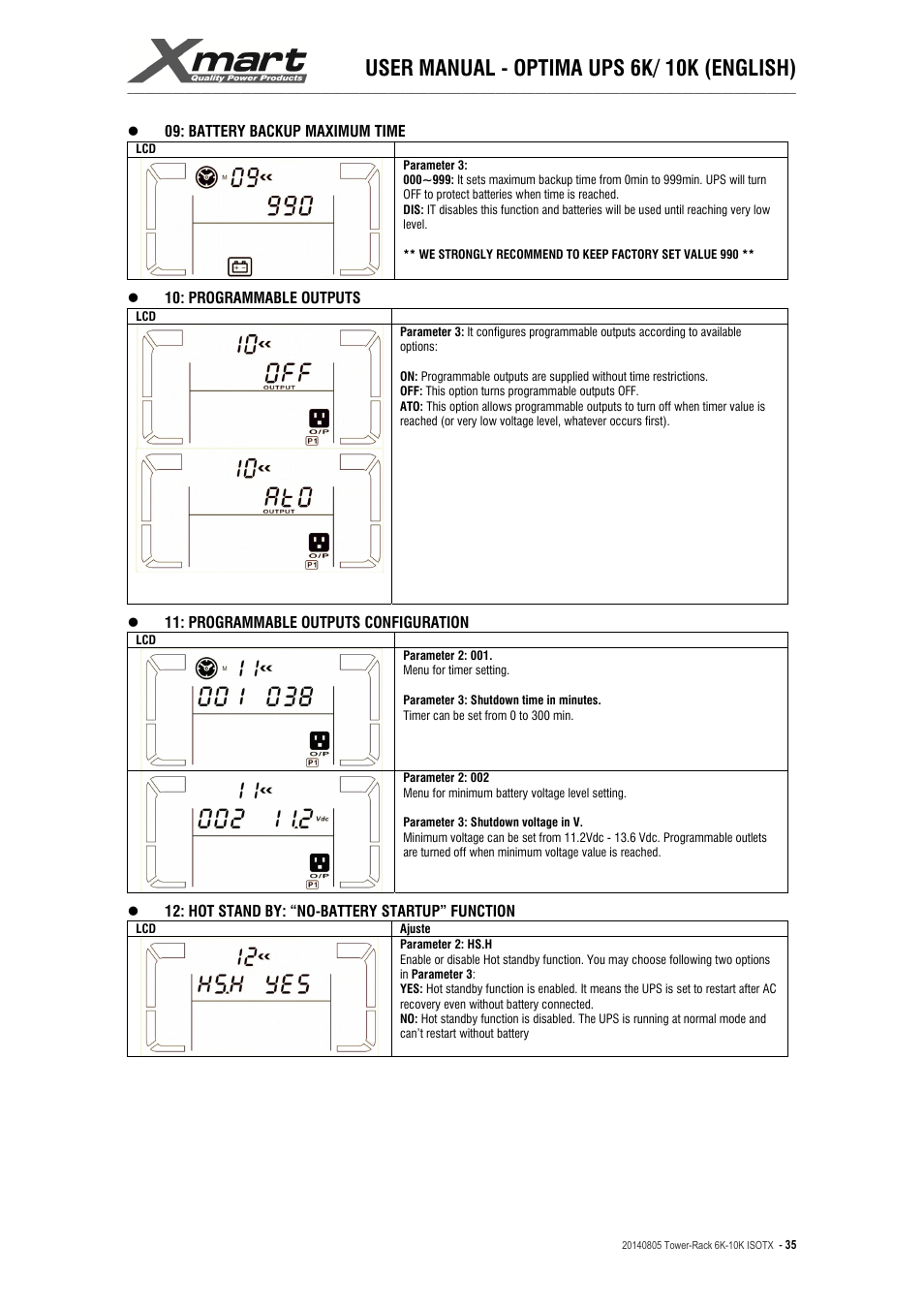 User manual - optima ups 6k/ 10k (english) | XMART Optima-RACK 10K User Manual | Page 35 / 41