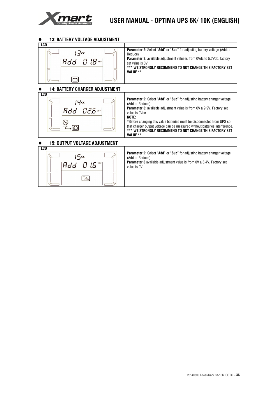 User manual - optima ups 6k/ 10k (english) | XMART Optima-RACK 10K User Manual | Page 36 / 41