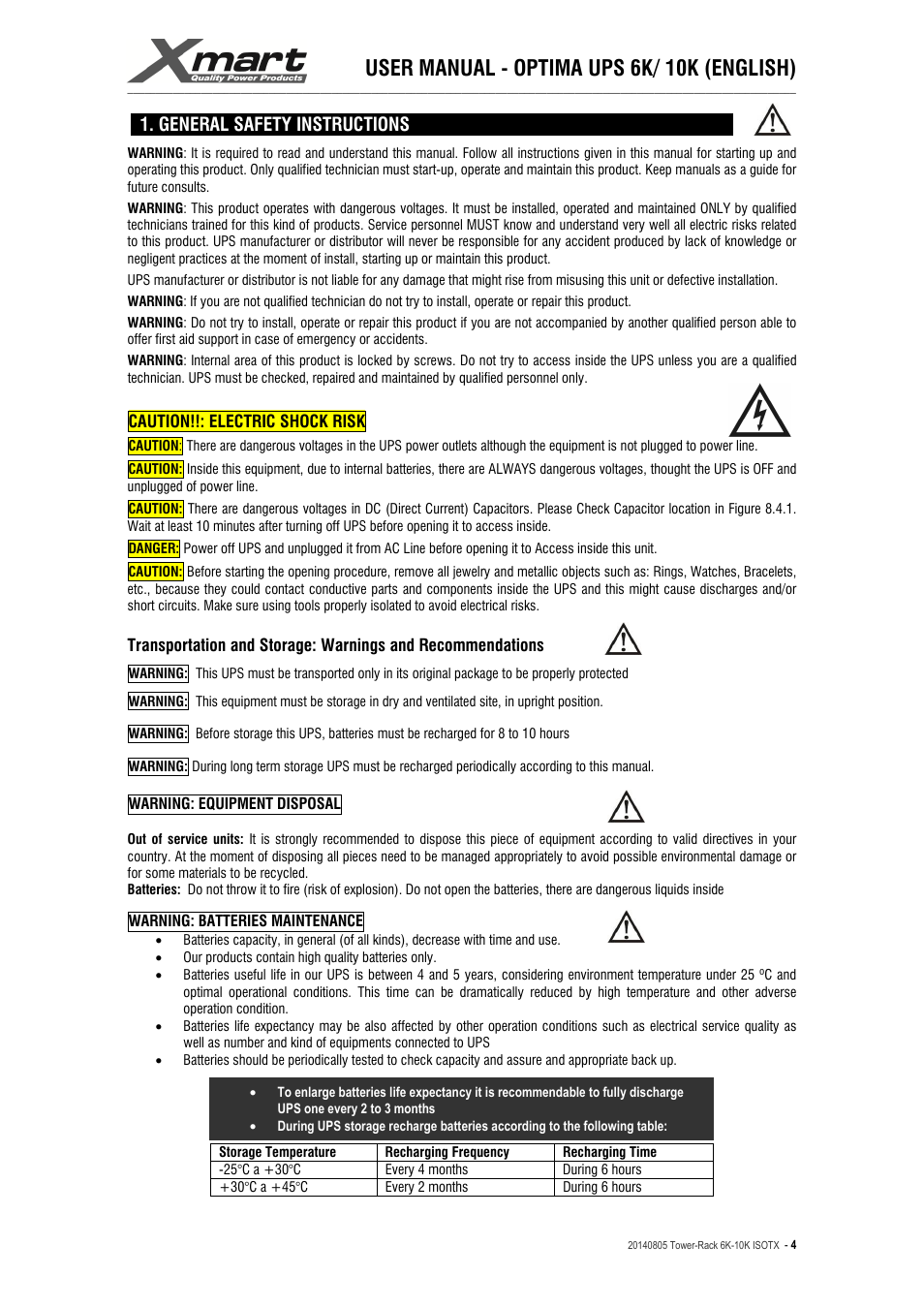 User manual - optima ups 6k/ 10k (english), General safety instructions | XMART Optima-RACK 10K User Manual | Page 4 / 41