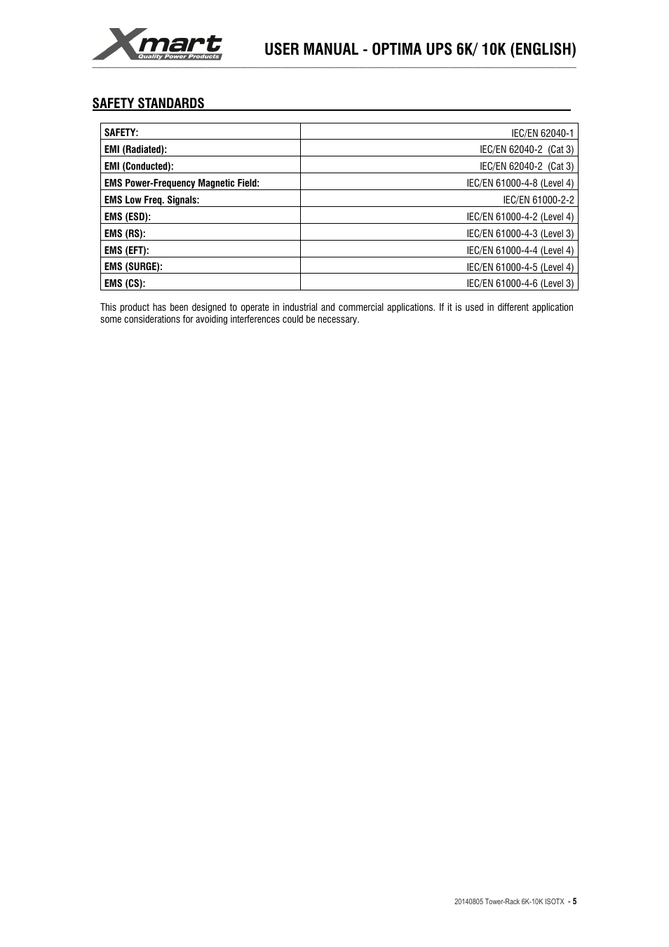 User manual - optima ups 6k/ 10k (english), Safety standards | XMART Optima-RACK 10K User Manual | Page 5 / 41