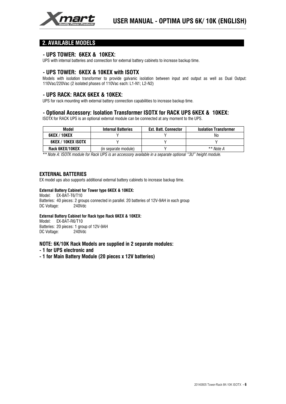 User manual - optima ups 6k/ 10k (english) | XMART Optima-RACK 10K User Manual | Page 6 / 41