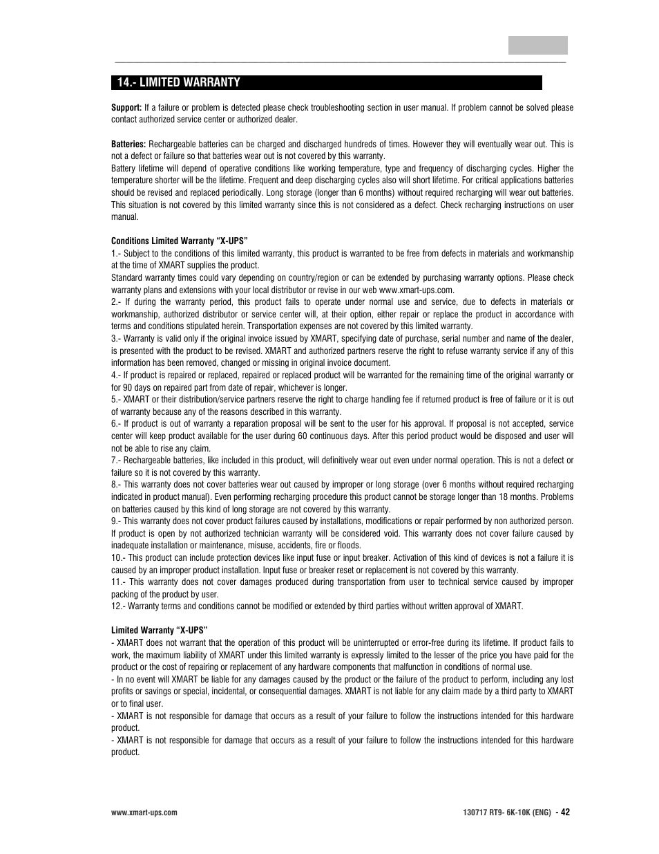User manual, English | XMART Optima RT9 10K User Manual | Page 42 / 42