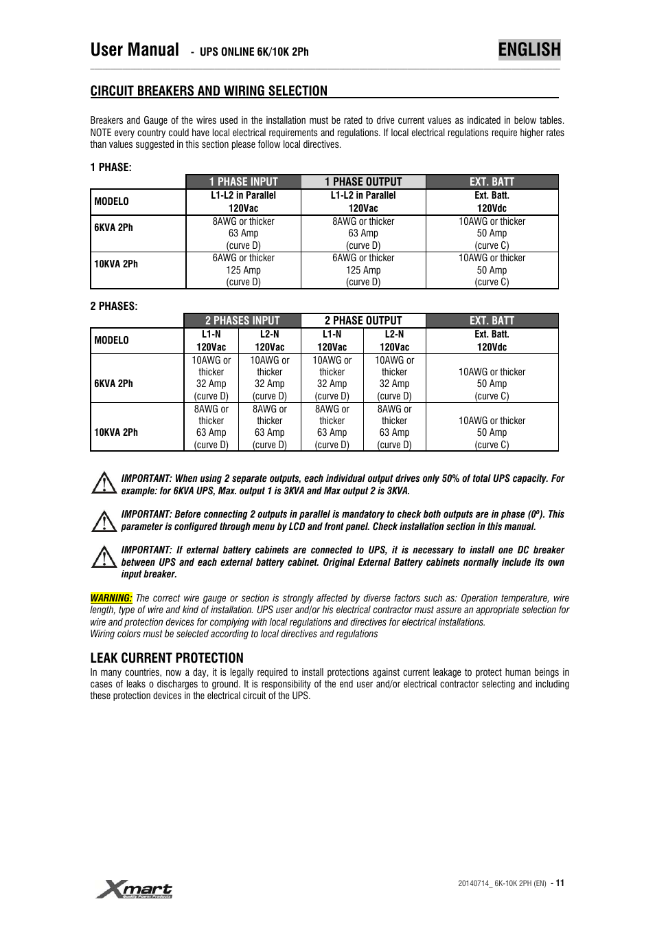 User manual, English, Circuit breakers and wiring selection | Leak current protection | XMART Optima 10K 2PH User Manual | Page 11 / 48