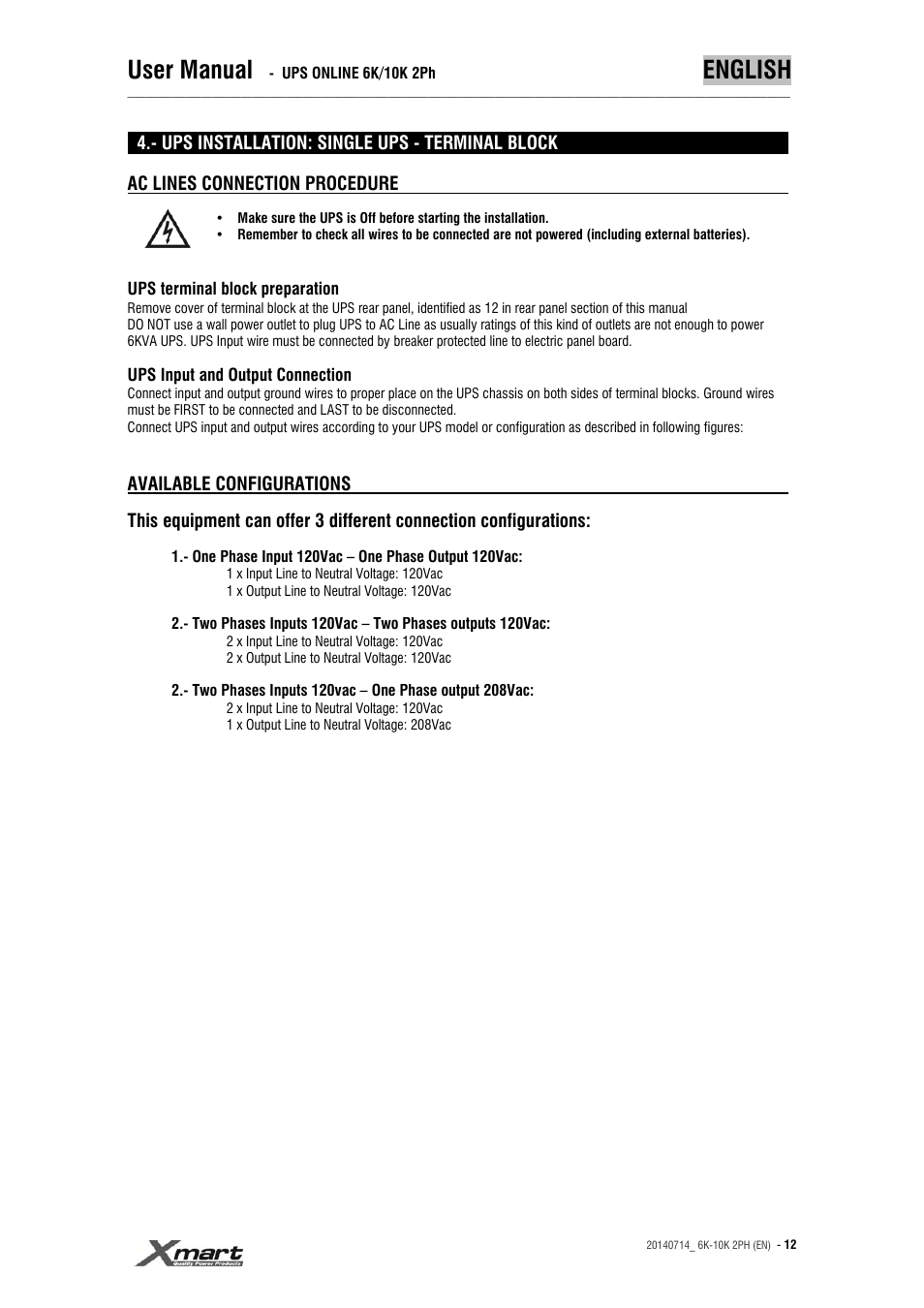 User manual, English | XMART Optima 10K 2PH User Manual | Page 12 / 48