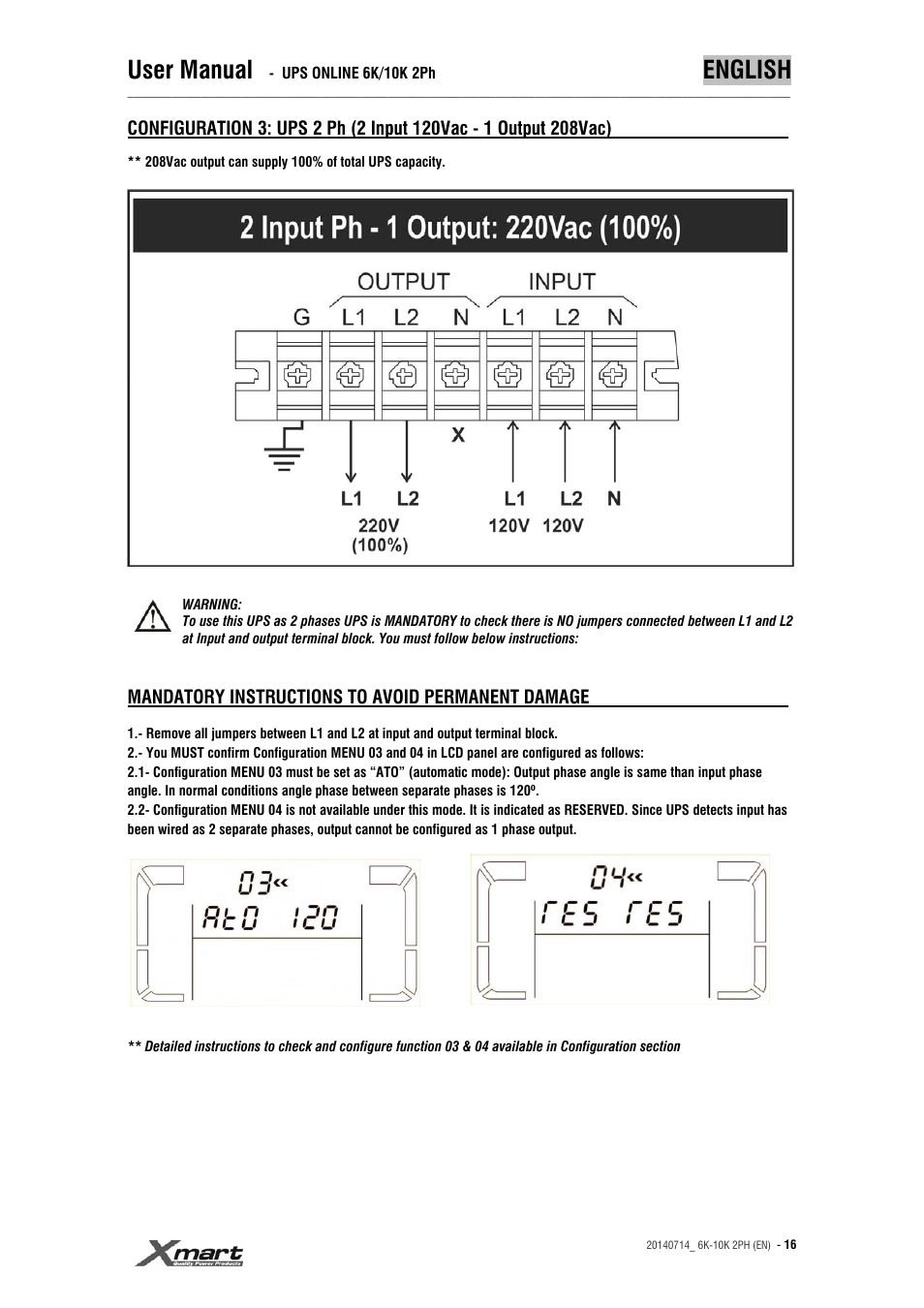 User manual, English | XMART Optima 10K 2PH User Manual | Page 16 / 48