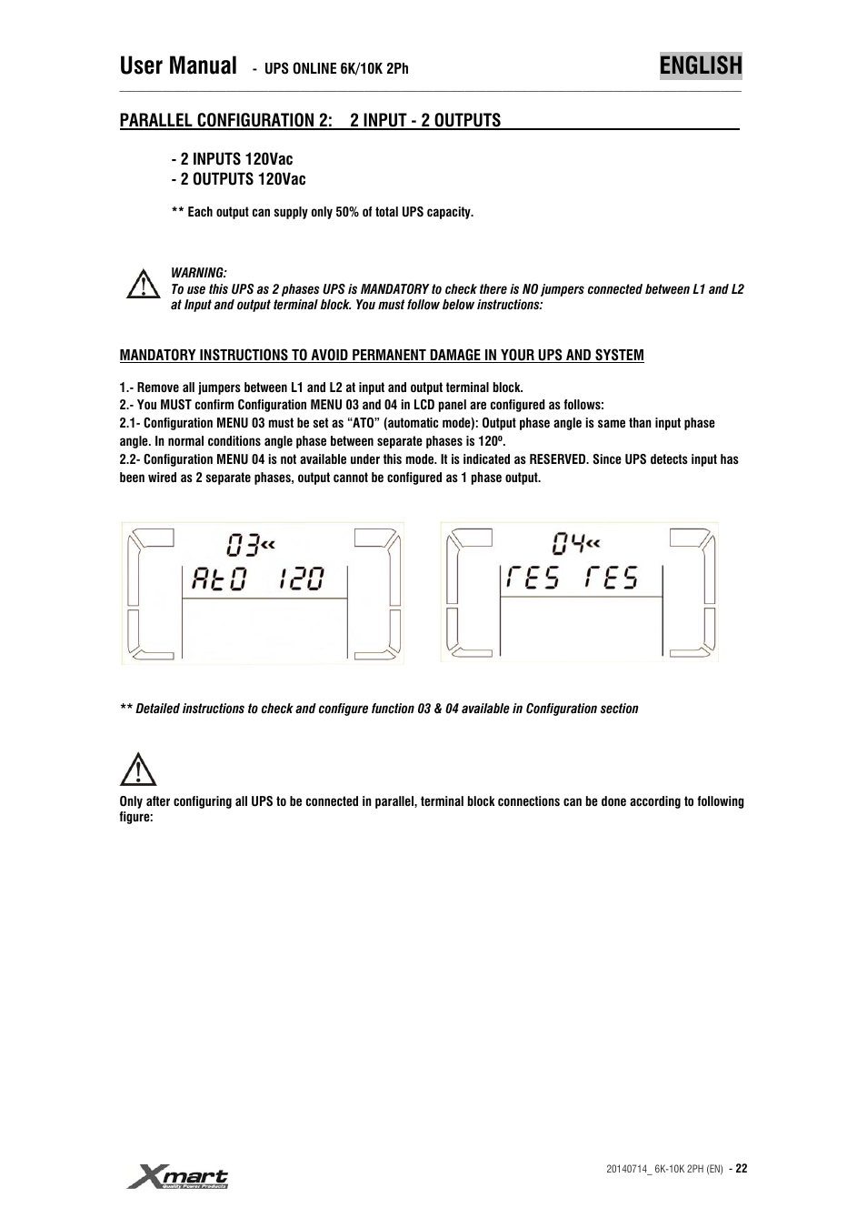User manual, English | XMART Optima 10K 2PH User Manual | Page 22 / 48