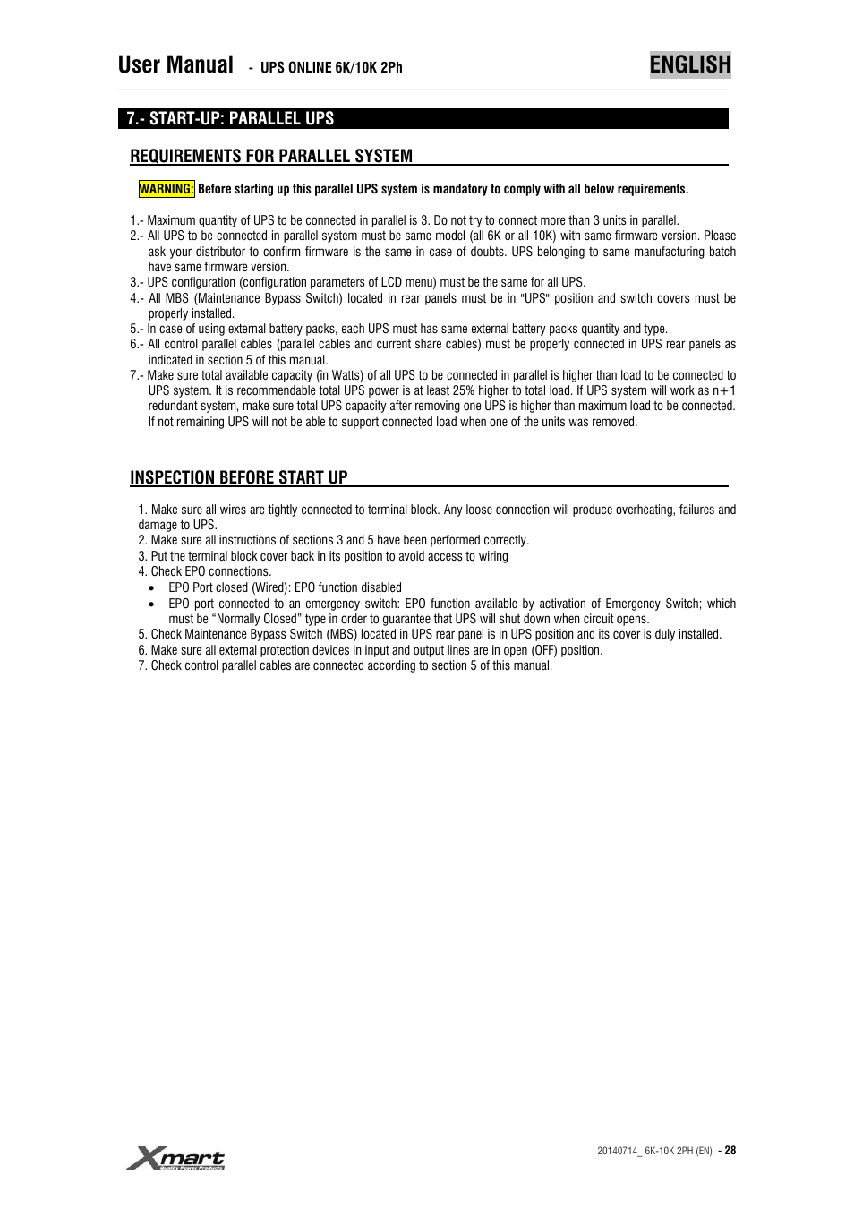 User manual, English | XMART Optima 10K 2PH User Manual | Page 28 / 48