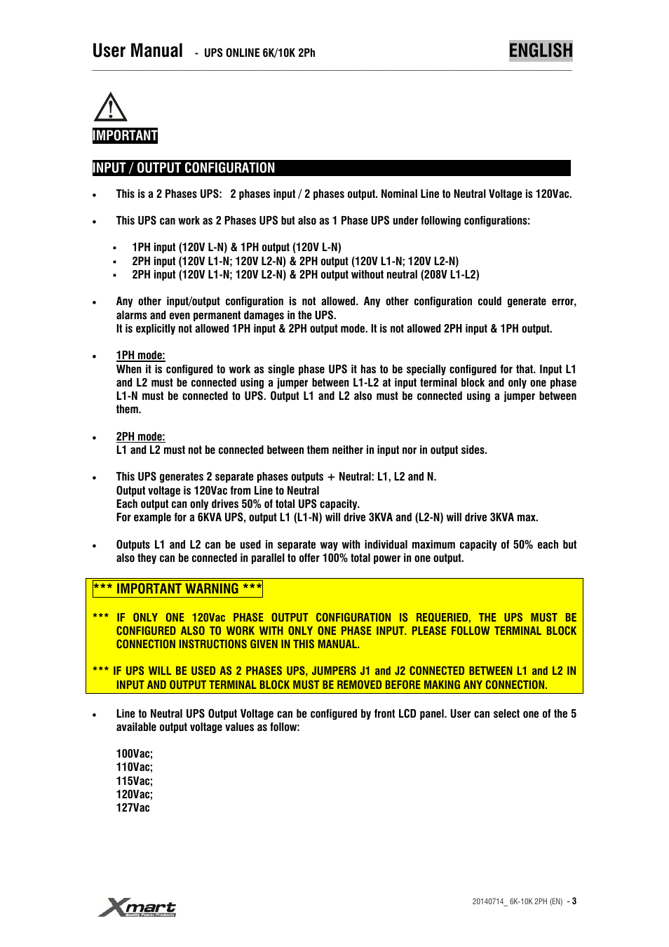 User manual, English | XMART Optima 10K 2PH User Manual | Page 3 / 48