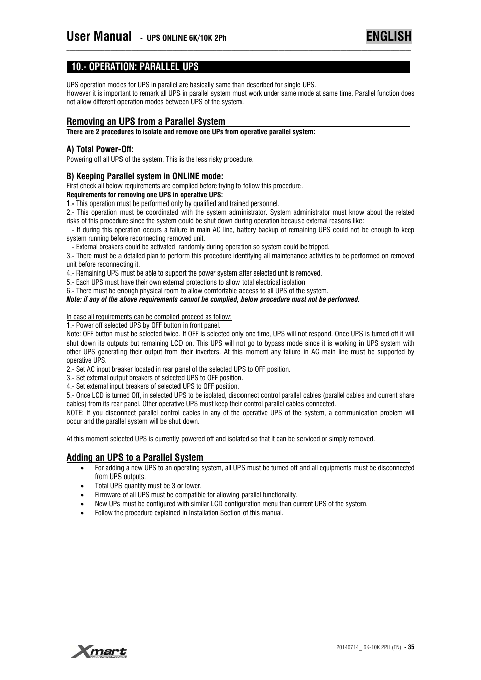 User manual, English | XMART Optima 10K 2PH User Manual | Page 35 / 48