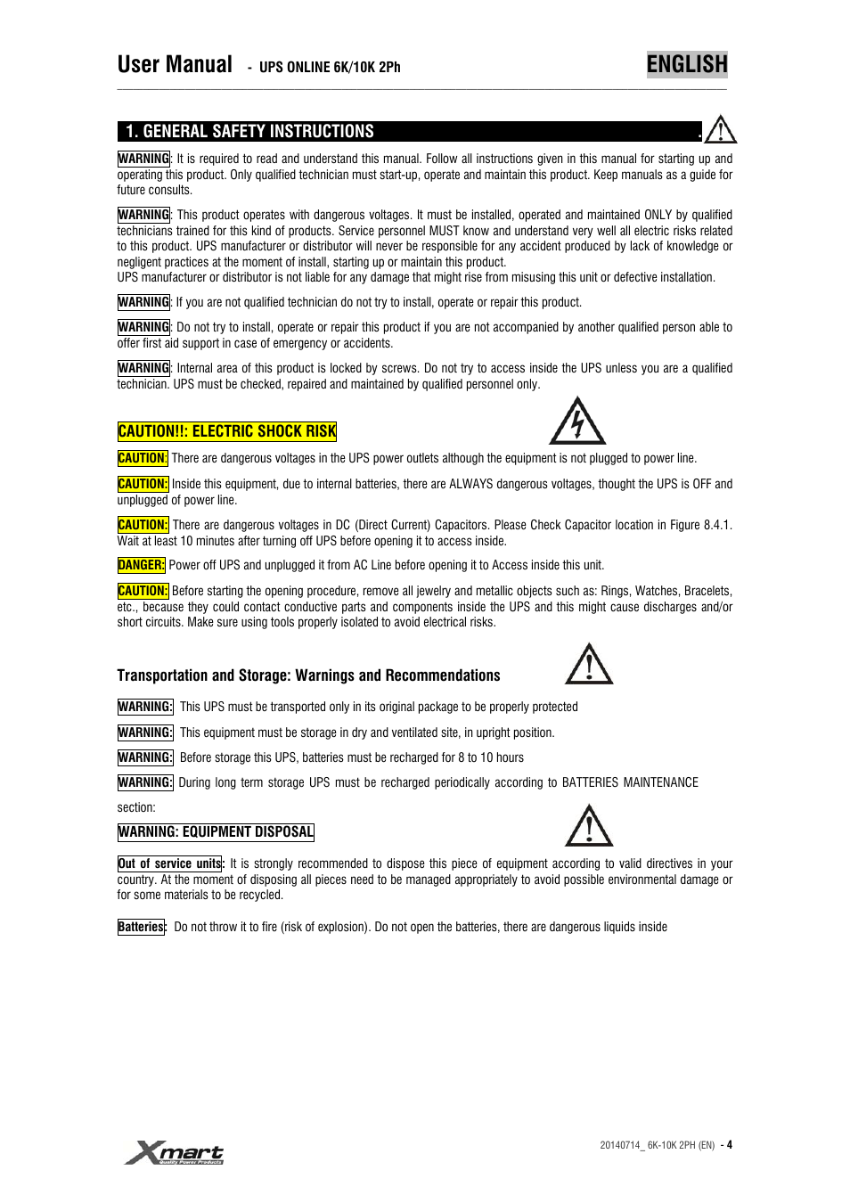 User manual, English, General safety instructions | XMART Optima 10K 2PH User Manual | Page 4 / 48