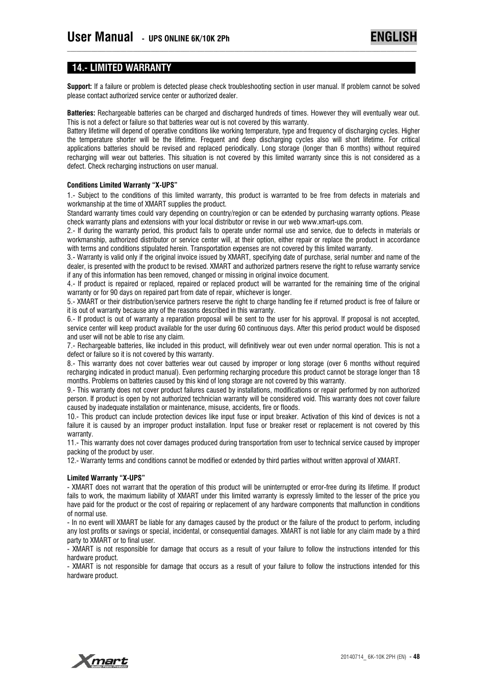 User manual, English | XMART Optima 10K 2PH User Manual | Page 48 / 48