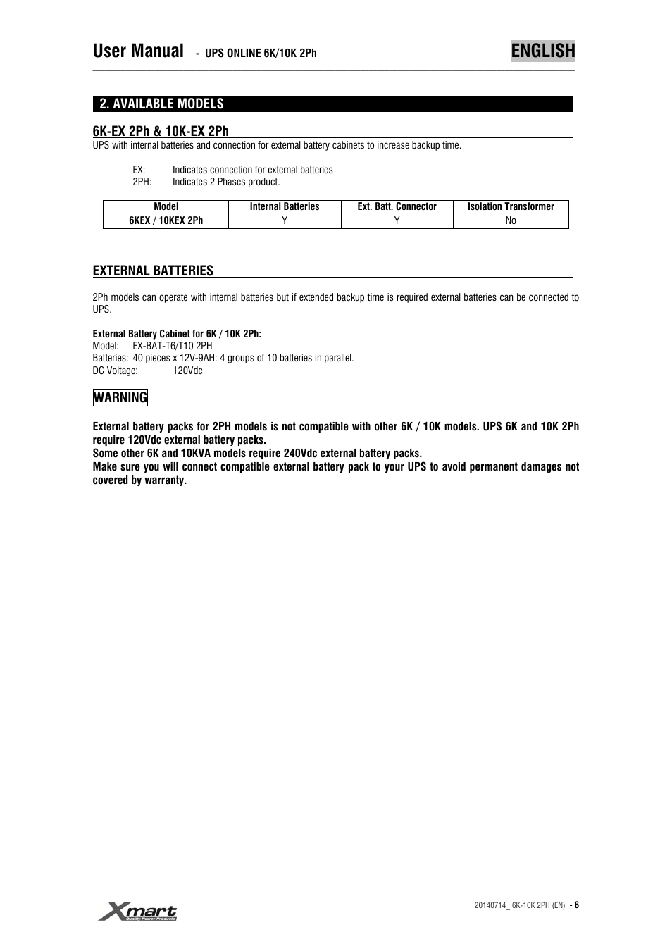 User manual, English | XMART Optima 10K 2PH User Manual | Page 6 / 48