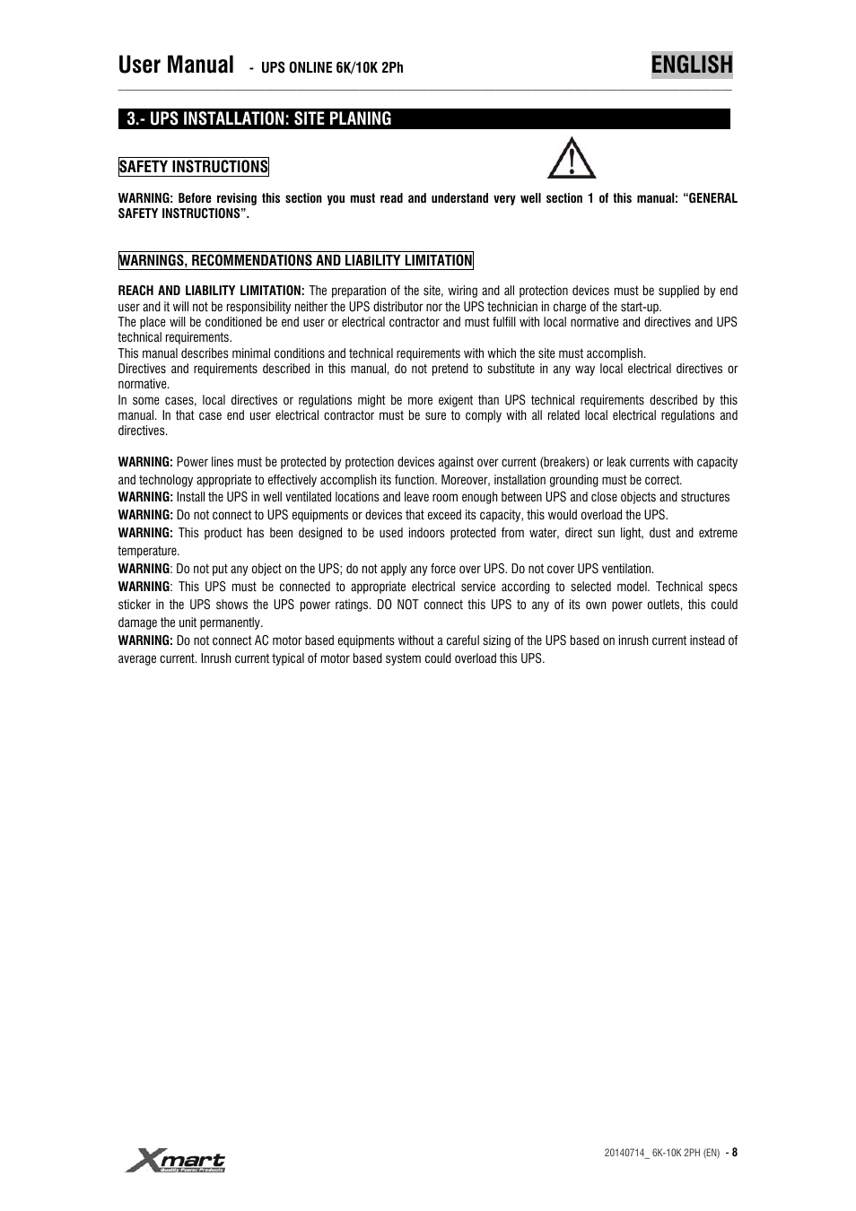 User manual, English | XMART Optima 10K 2PH User Manual | Page 8 / 48