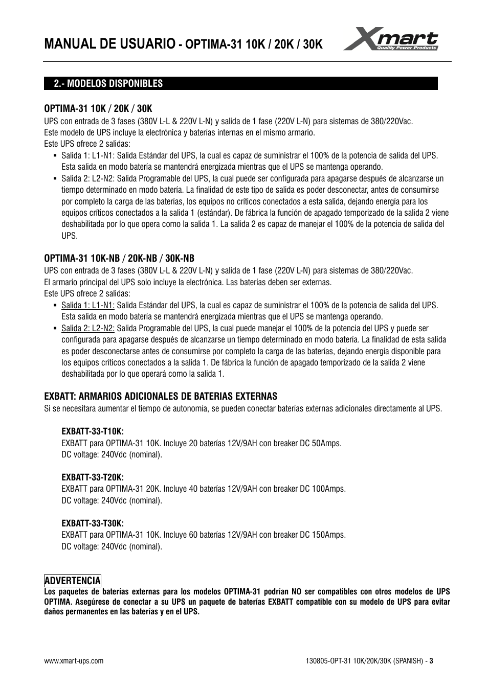 Manual de usuario | XMART Optima 31 30K User Manual | Page 5 / 50