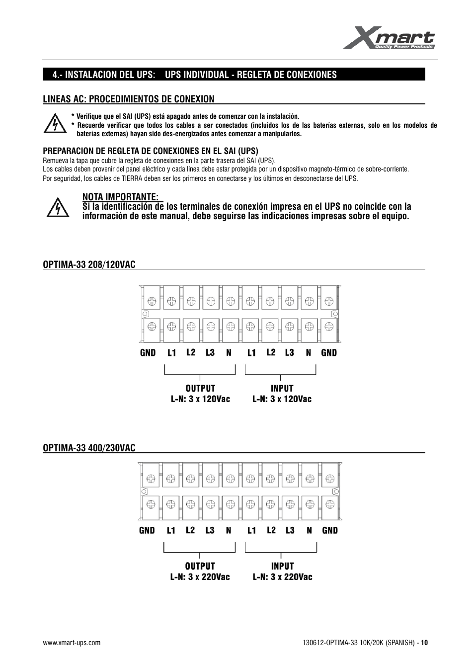 Nota importante, Optima-33 208/120vac, Optima-33 400/230vac | Manual de usuario | XMART Optima 33 30K User Manual | Page 12 / 44