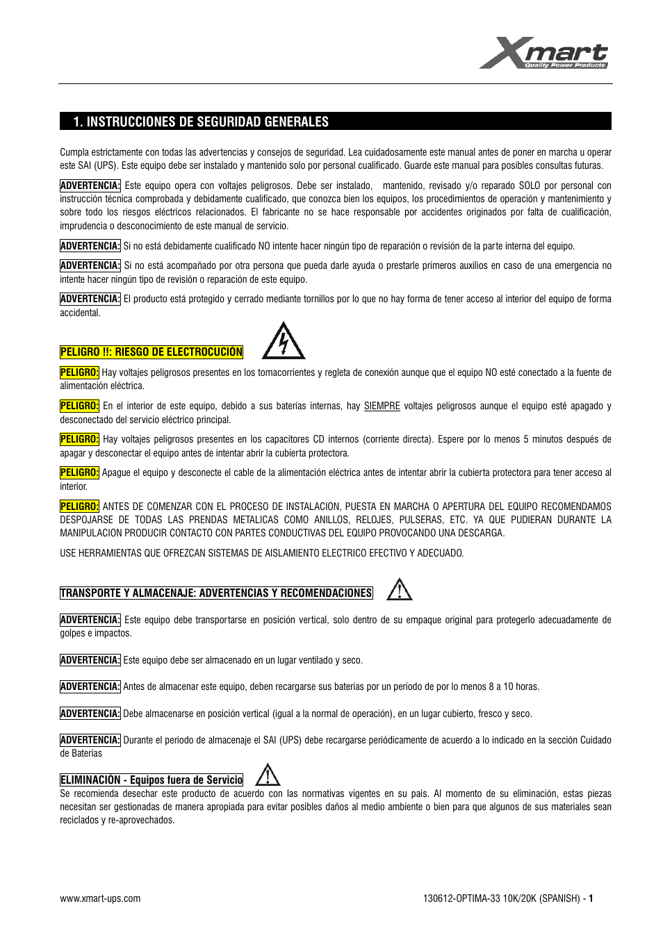 Manual de usuario, Instrucciones de seguridad generales | XMART Optima 33 30K User Manual | Page 3 / 44