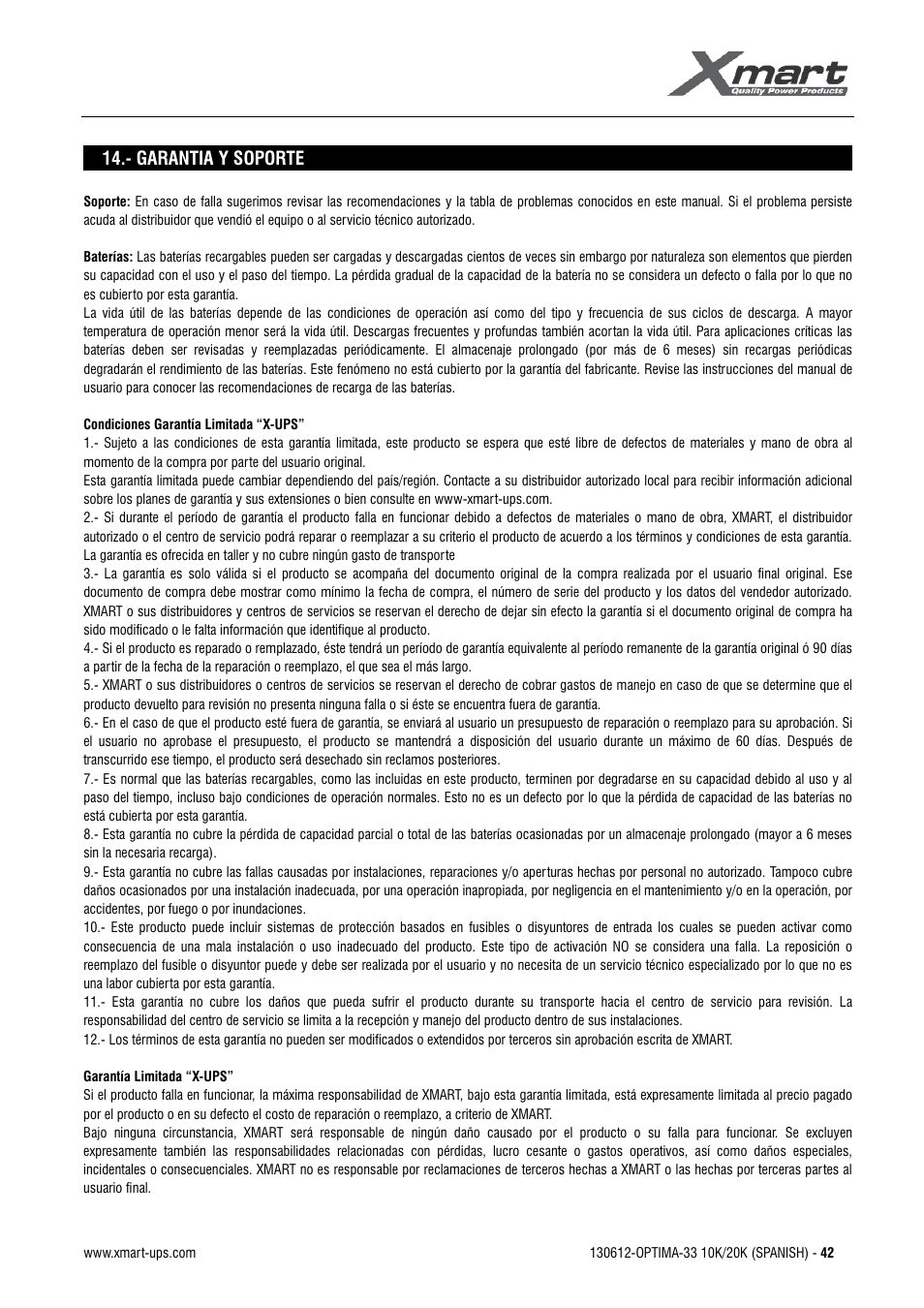 Manual de usuario | XMART Optima 33 30K User Manual | Page 44 / 44