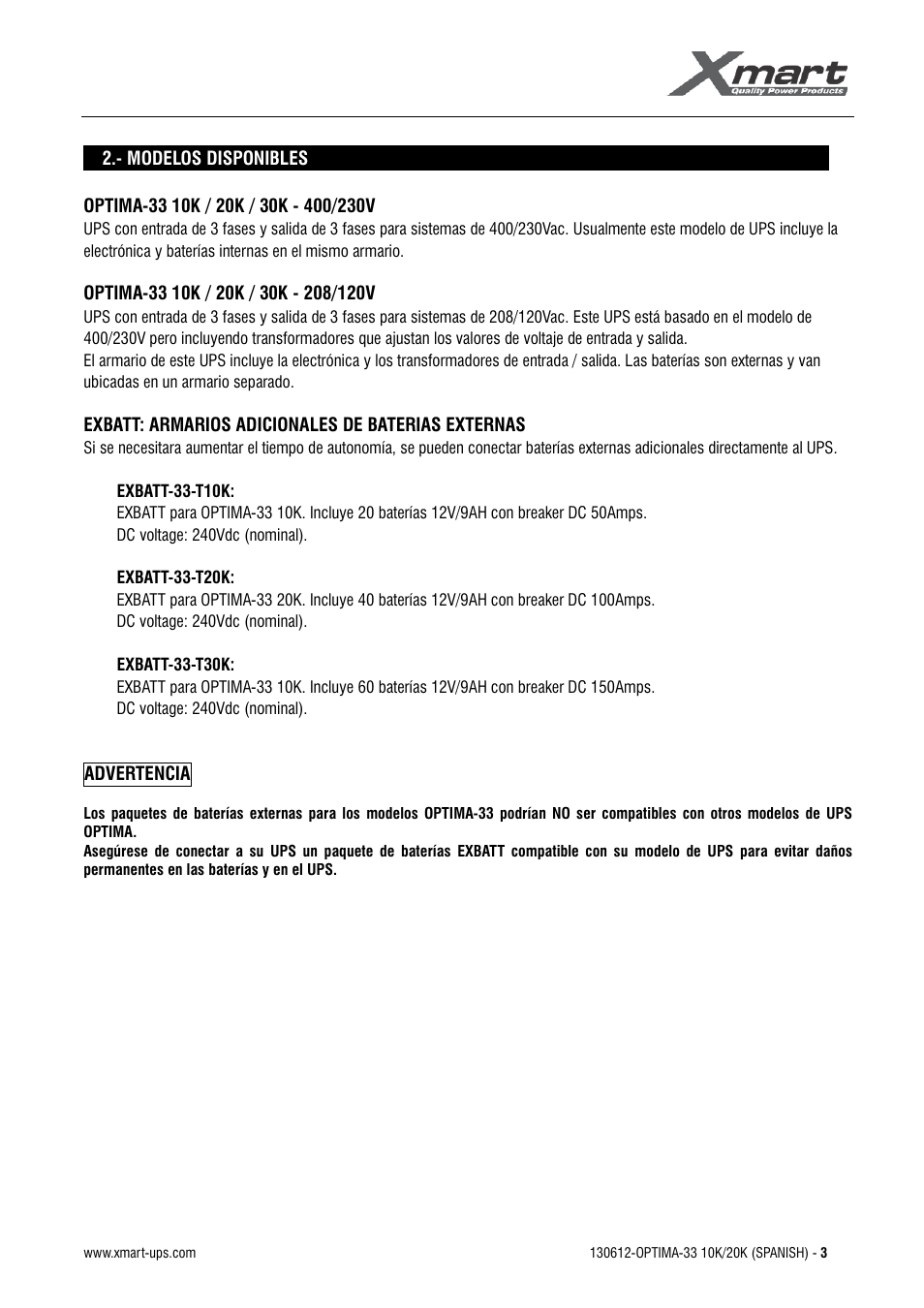 Manual de usuario | XMART Optima 33 30K User Manual | Page 5 / 44