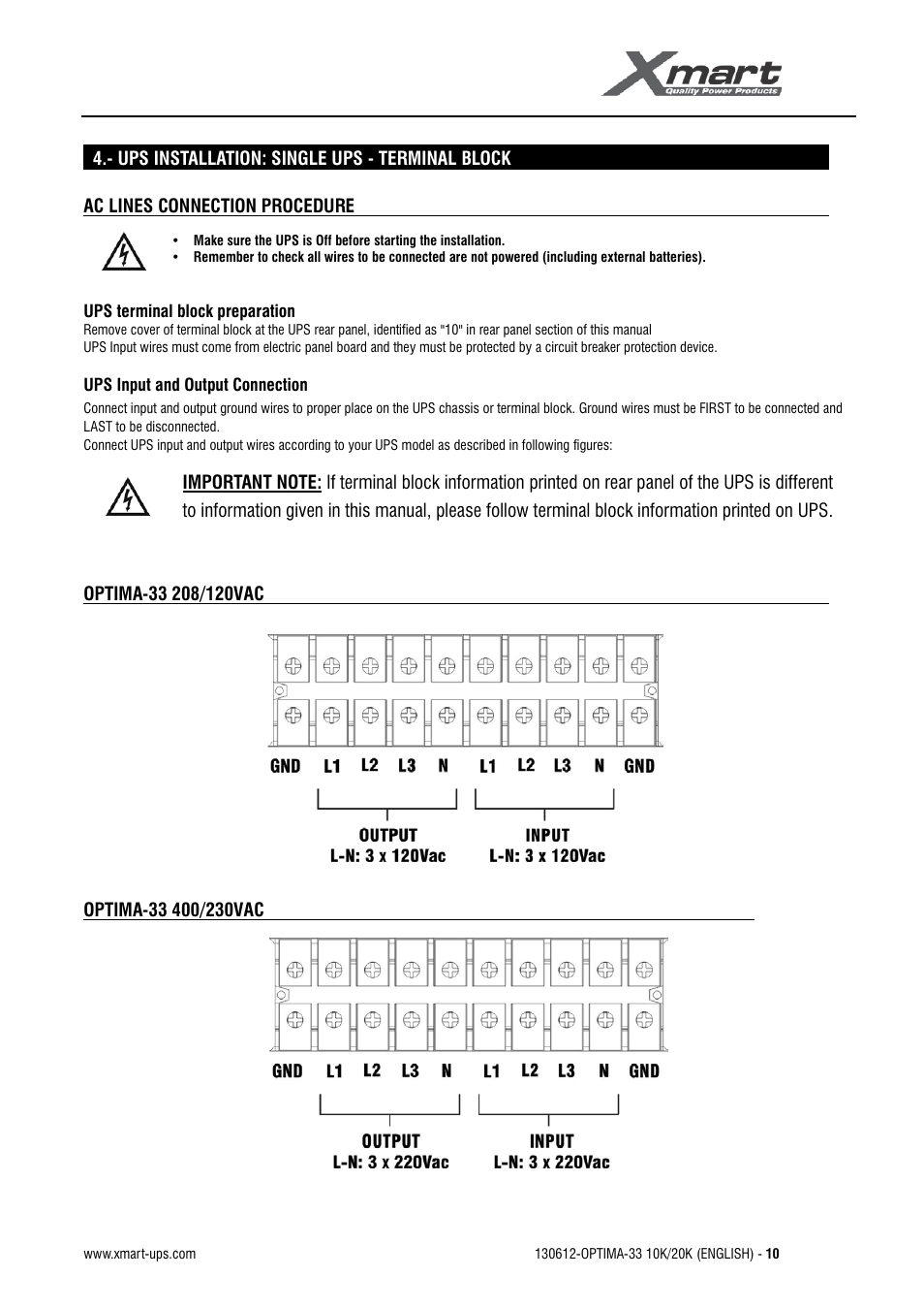 Optima-33 208/120vac, Optima-33 400/230vac, User manual | XMART Optima 33 30K User Manual | Page 12 / 43