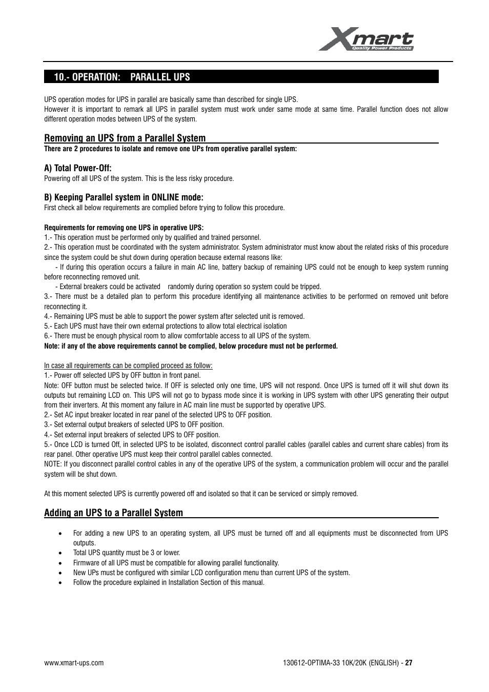 User manual | XMART Optima 33 30K User Manual | Page 29 / 43