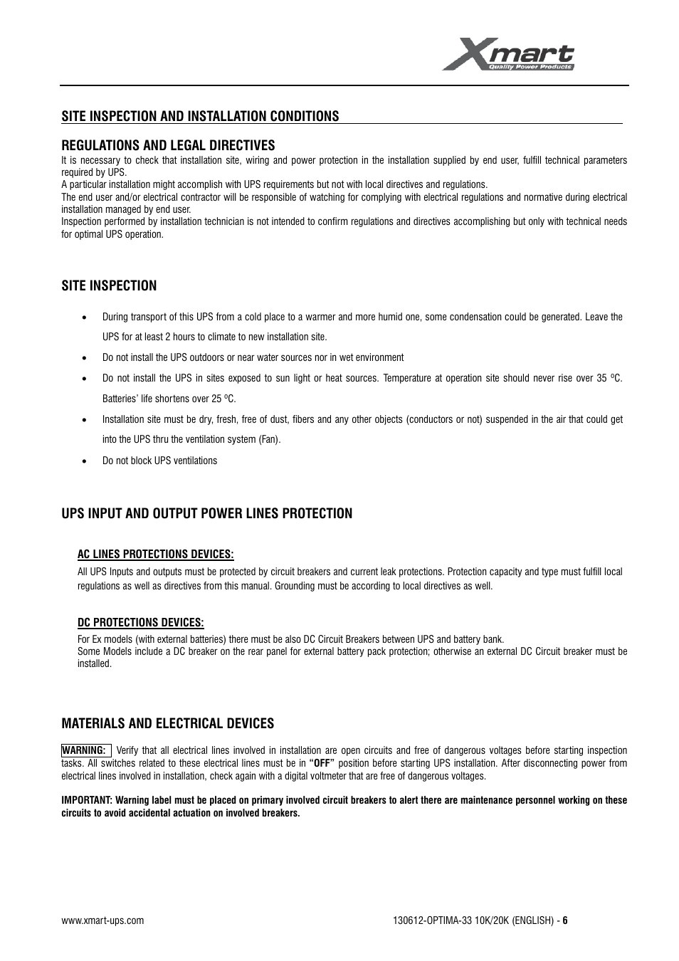 Site inspection and installation conditions, User manual | XMART Optima 33 30K User Manual | Page 8 / 43