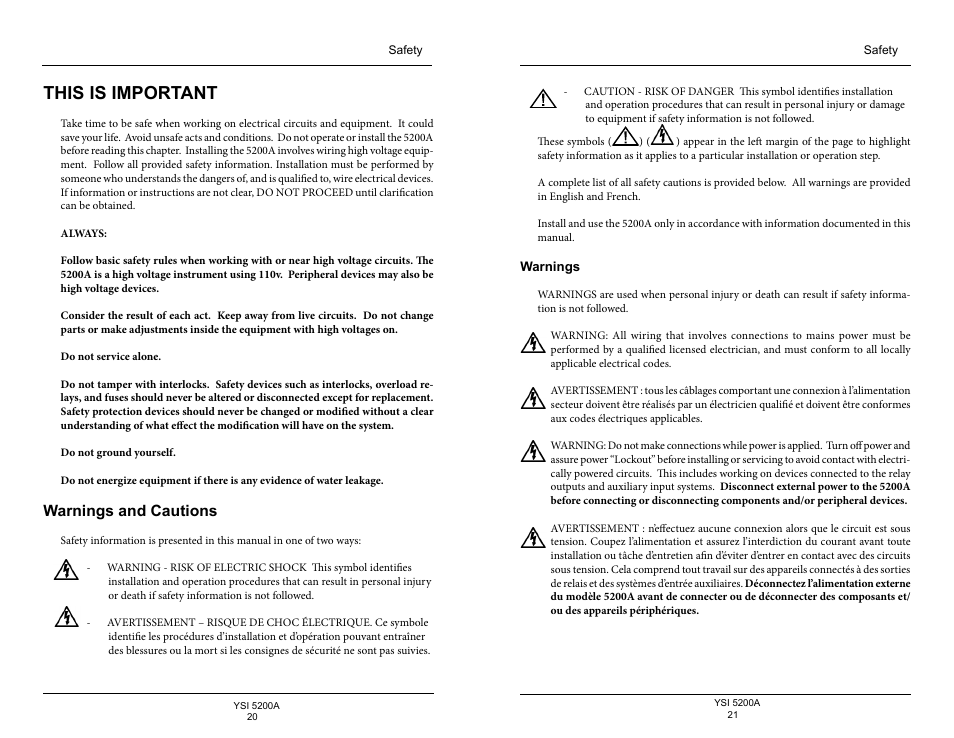 This is important, Warnings and cautions, Warnings | E 20 b | YSI 5200A User Manual | Page 11 / 128