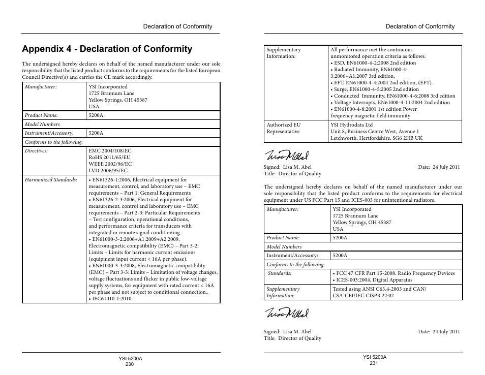 Appendix 4 - declaration of conformity, E 230 | YSI 5200A User Manual | Page 116 / 128