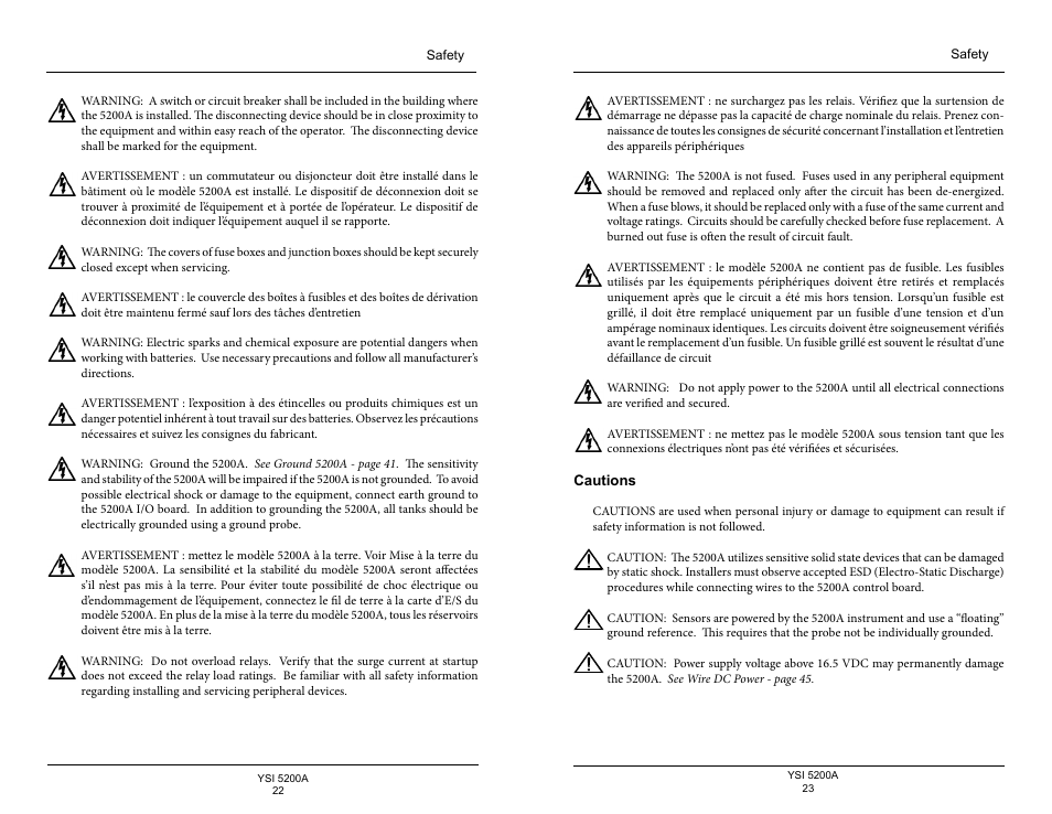 Cautions | YSI 5200A User Manual | Page 12 / 128