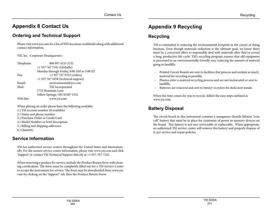 Appendix 8 contact us, Ordering and technical support, Service information | Appendix 9 recycling, Recycling, Battery disposal | YSI 5200A User Manual | Page 121 / 128