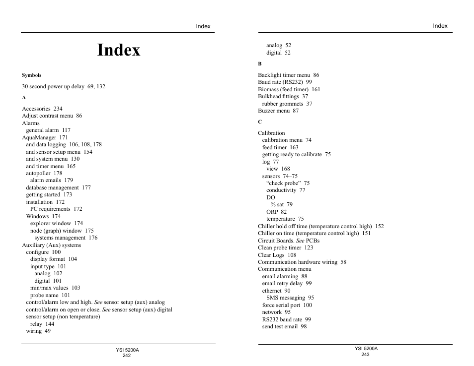 Index, E 242 | YSI 5200A User Manual | Page 122 / 128