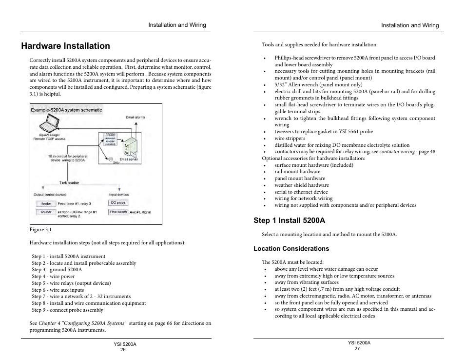 Hardware installation, Step 1 install 5200a, Location considerations | E 26 p | YSI 5200A User Manual | Page 14 / 128