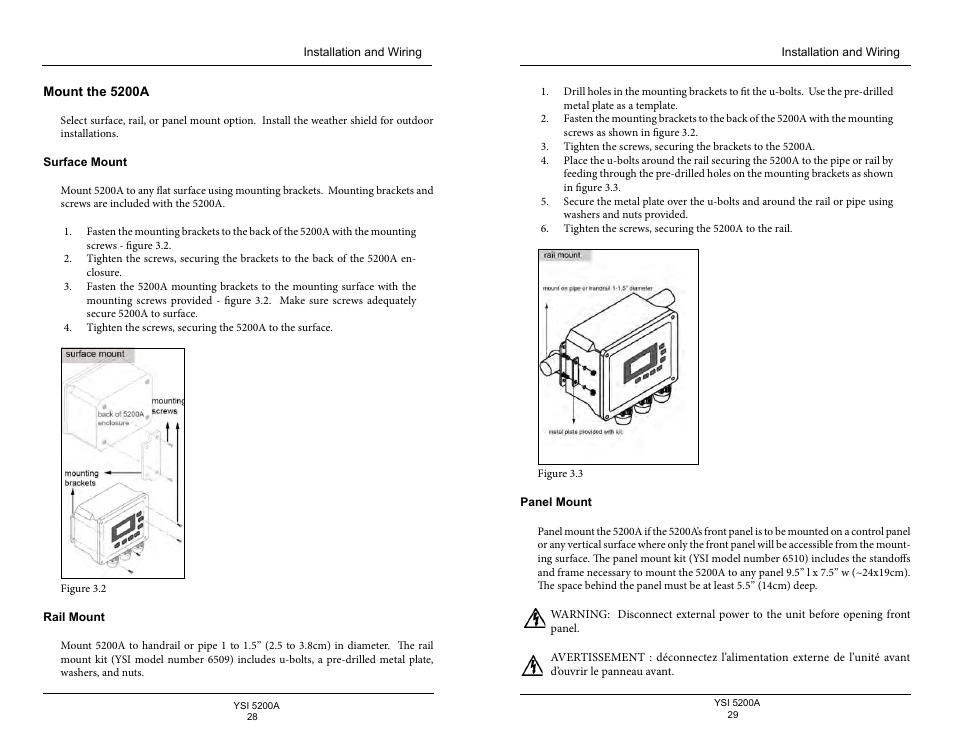 Mount the 5200a, Surface mount, Rail mount | Panel mount | YSI 5200A User Manual | Page 15 / 128